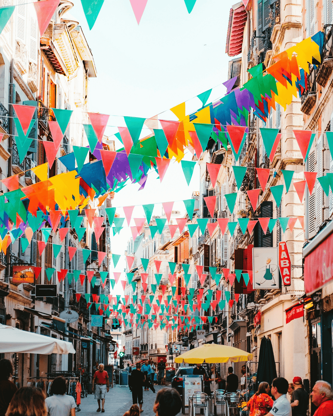 Colourful bunting in vibrant street in dublin